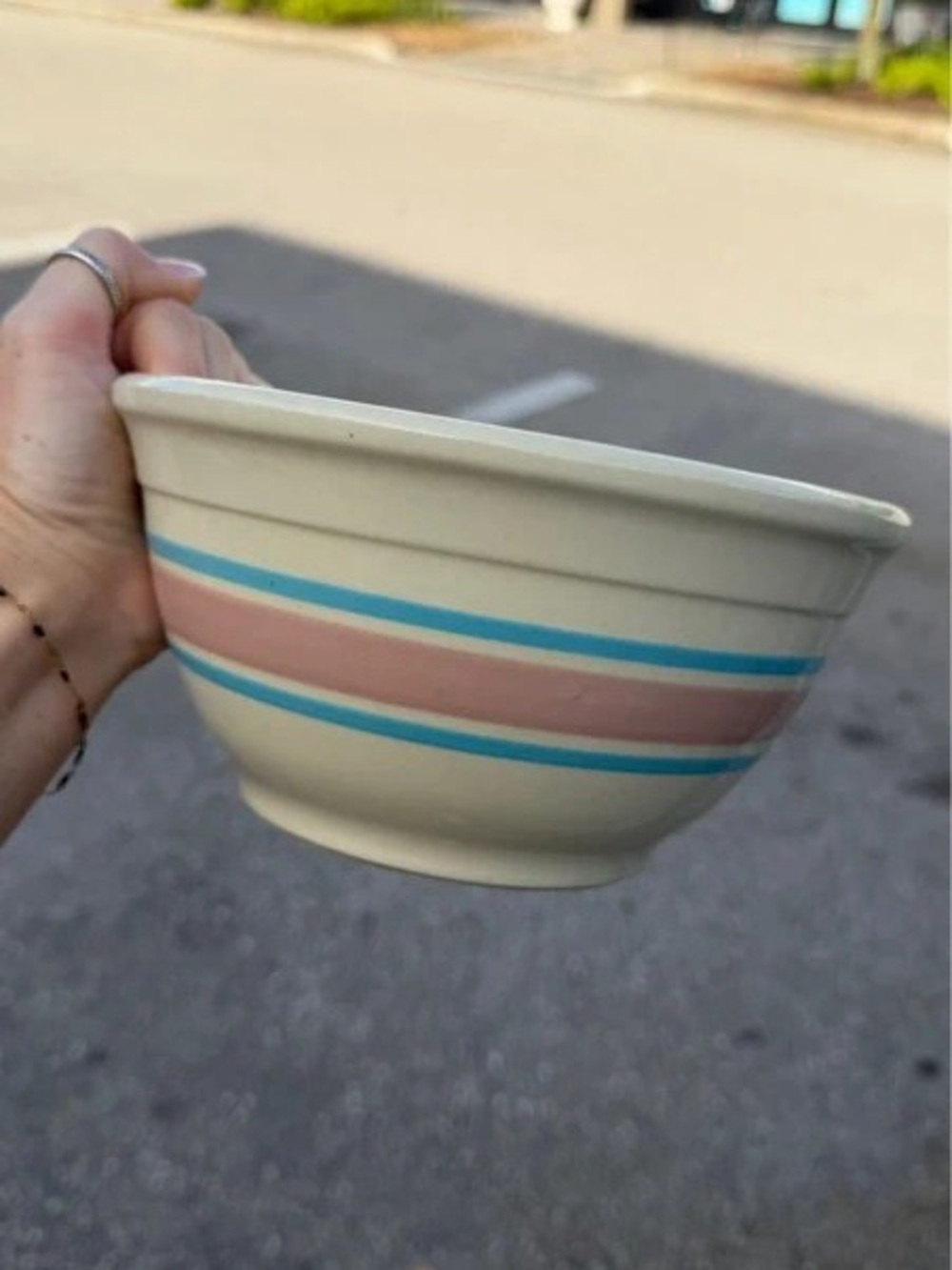 Cream Ceramic Serving Bowl with Pink and Blue Stripe Accents